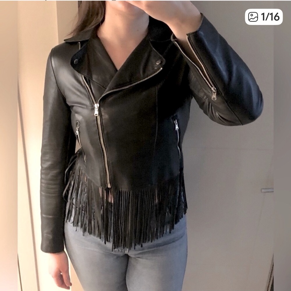 Massimo Dutti Leather Biker Moto Fringe Jacket With FLAWS, Small
